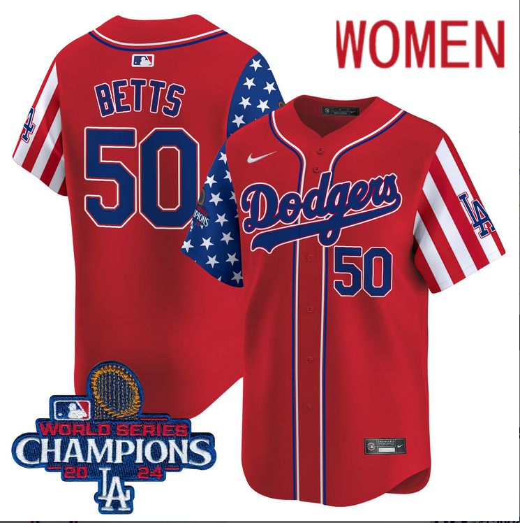 Women MLB Los Angeles Dodgers #50 Betts American Style red 2024 World Series Champions  Limited Jersey